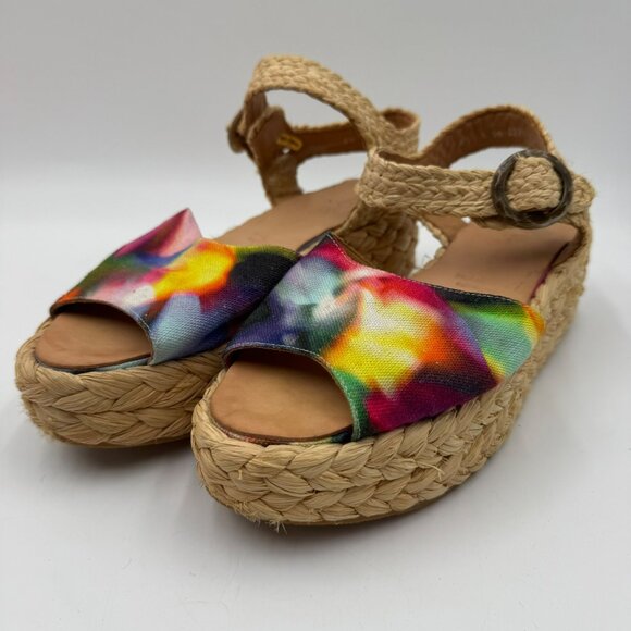 Robert Clergerie Womens Platform Sandals With Raffia Soles & Colorful Canvas - Picture 1 of 13